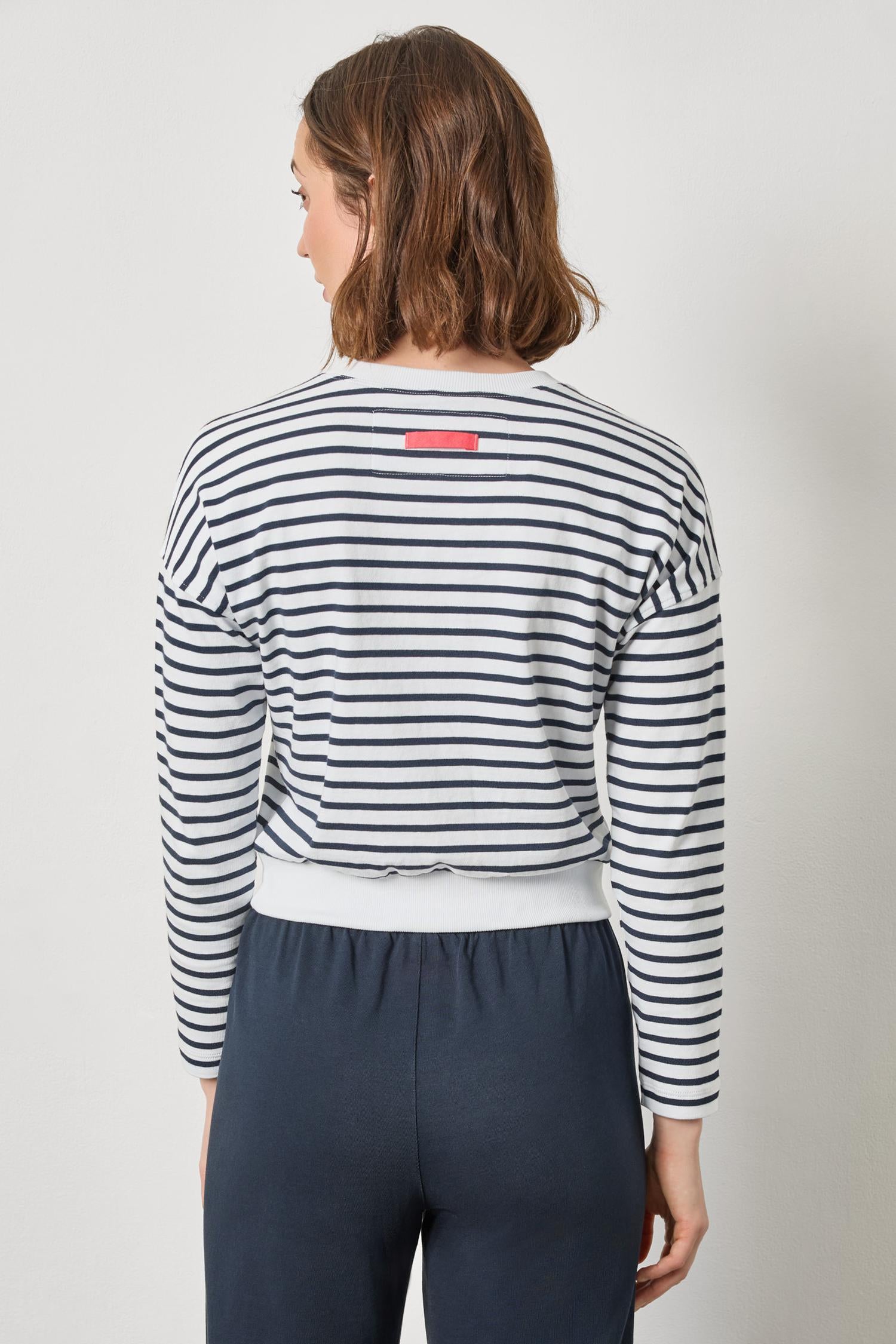 Rib Trim Cardigan Womens Top Navy Stripe A2