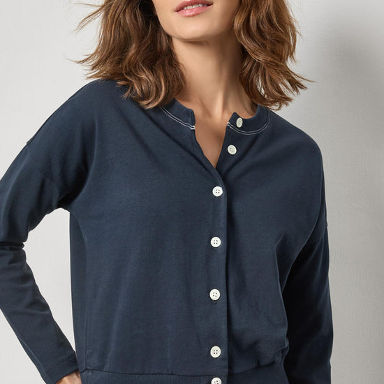 Rib Trim Cardigan Womens Top Navy A1