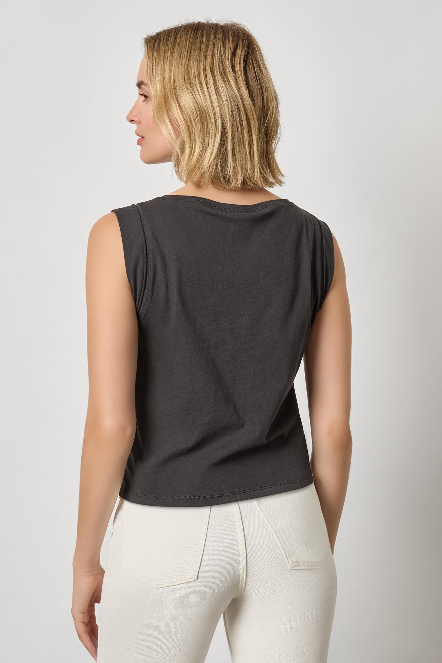 Rolled Edge Sleeveless Boatneck Womens Top Black A2