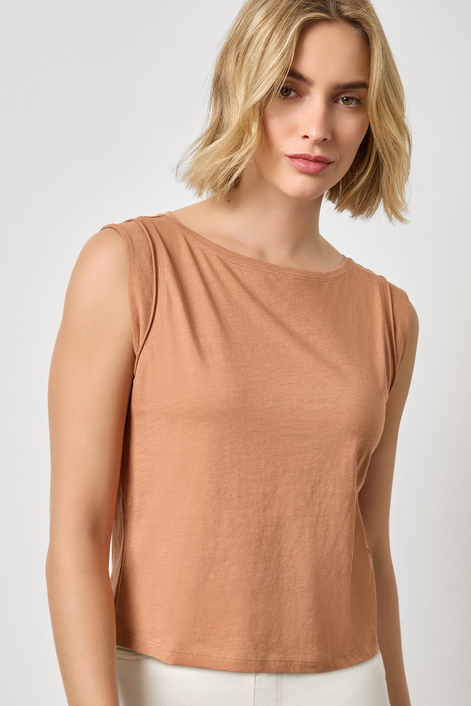Rolled Edge Sleeveless Boatneck Womens Top Carob A1