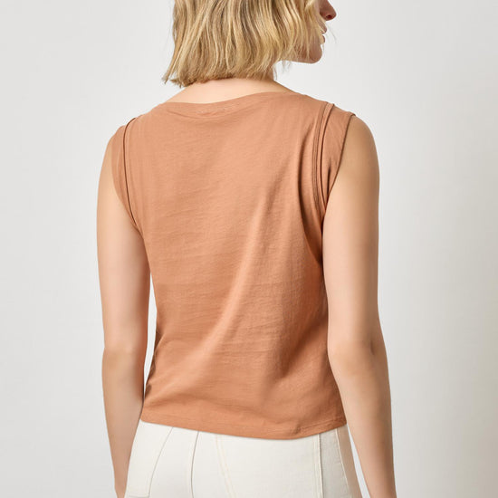 Rolled Edge Sleeveless Boatneck Womens Top Carob A2