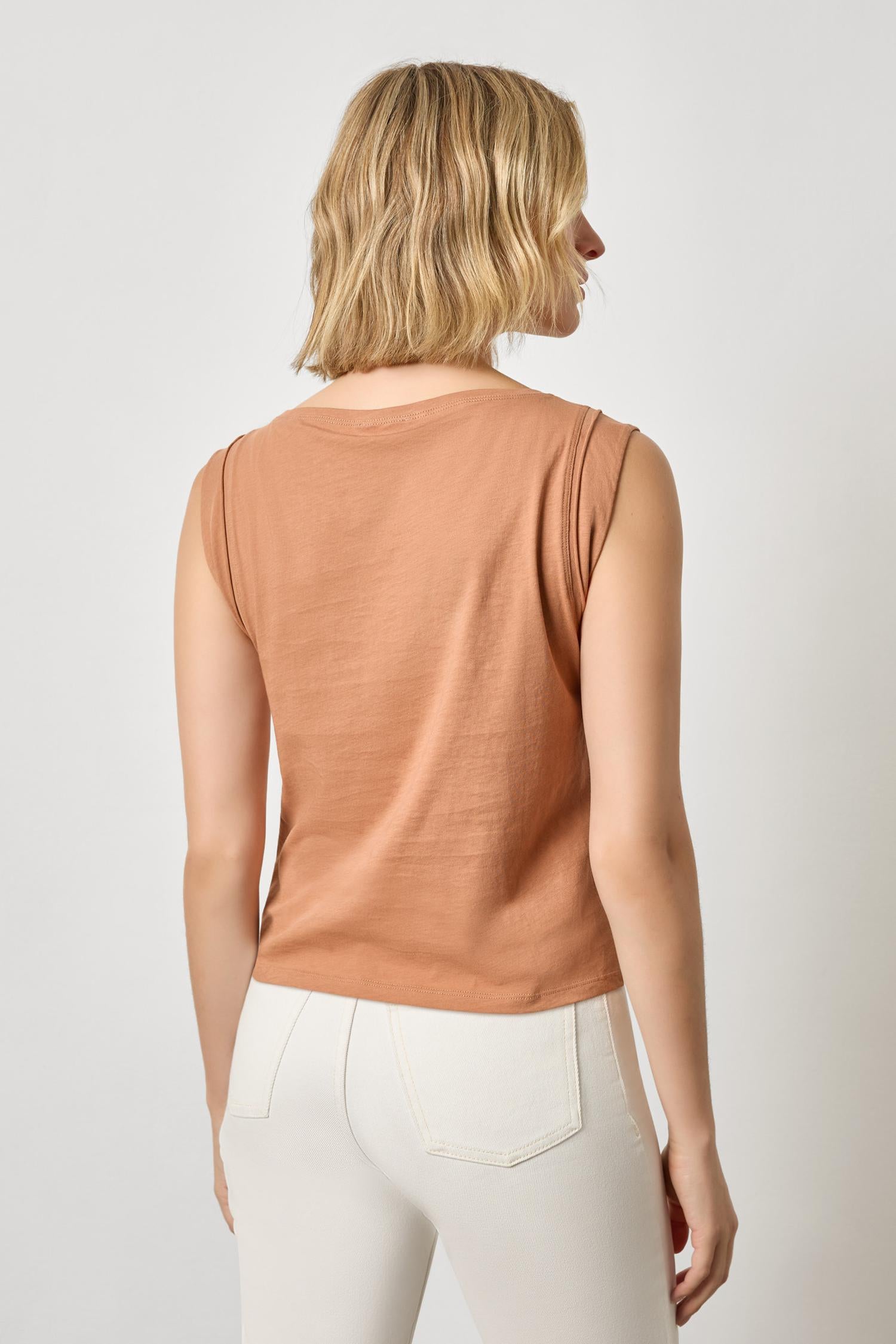 Rolled Edge Sleeveless Boatneck Womens Top Carob A2