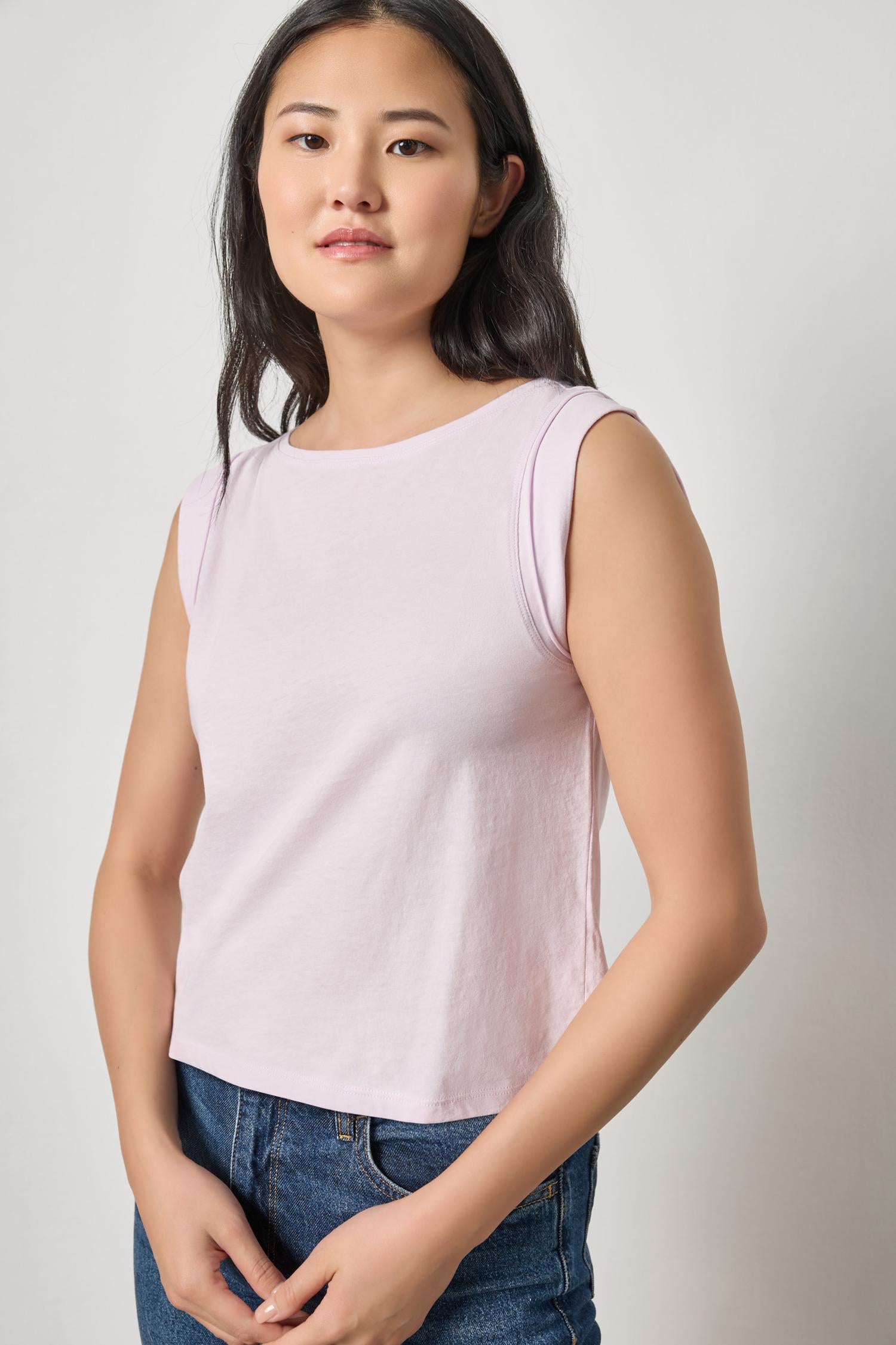 Rolled Edge Sleeveless Boatneck Womens Top Lavender A1