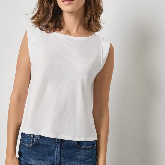 Rolled Edge Sleeveless Boatneck Womens Top White A1