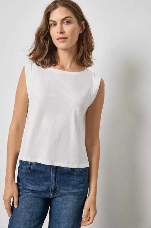 Rolled Edge Sleeveless Boatneck Womens Top White A1