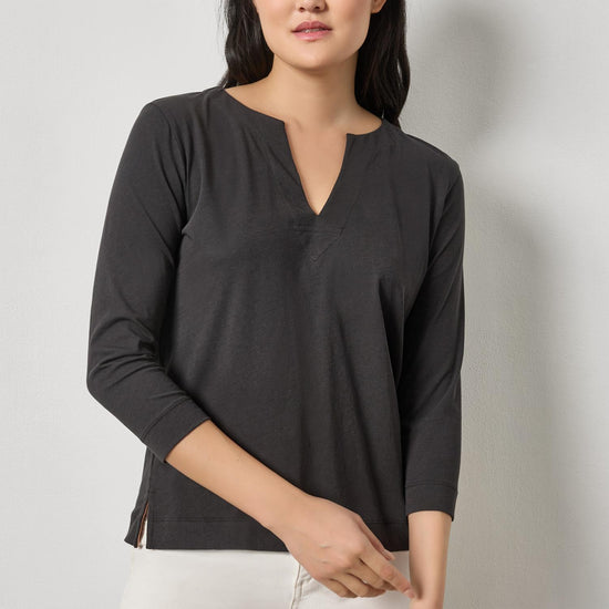 Side Slit Split Neck Top Womens Top Black A1
