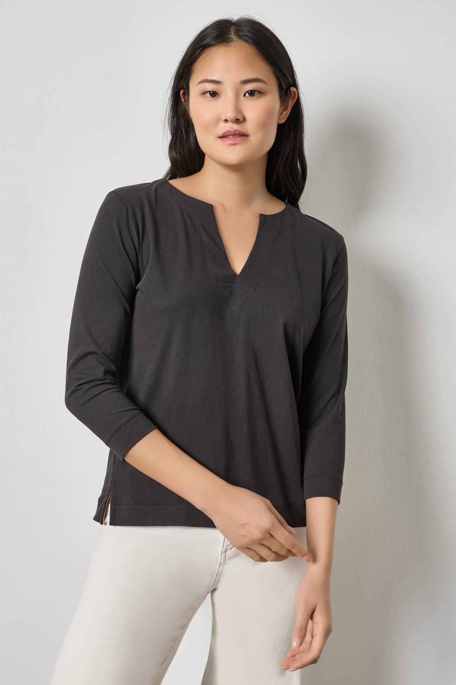 Side Slit Split Neck Top Womens Top Black A1