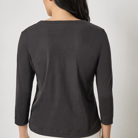 Side Slit Split Neck Top Womens Top Black A2