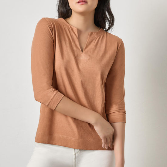 Side Slit Split Neck Top Womens Top Carob A1