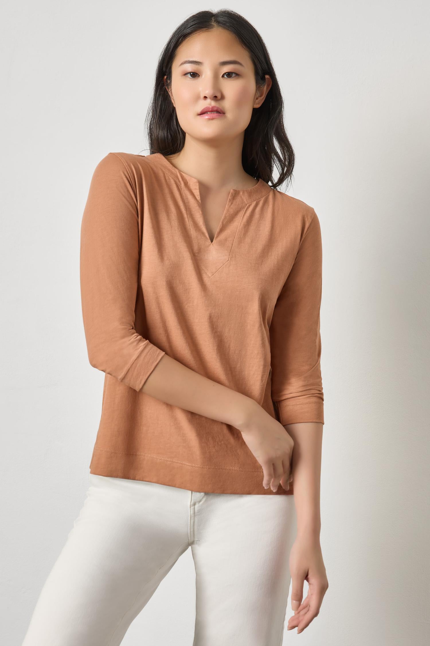 Side Slit Split Neck Top Womens Top Carob A1