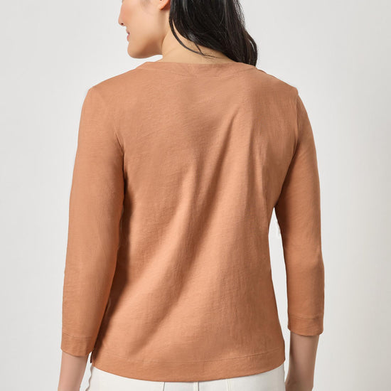 Side Slit Split Neck Top Womens Top Carob A2