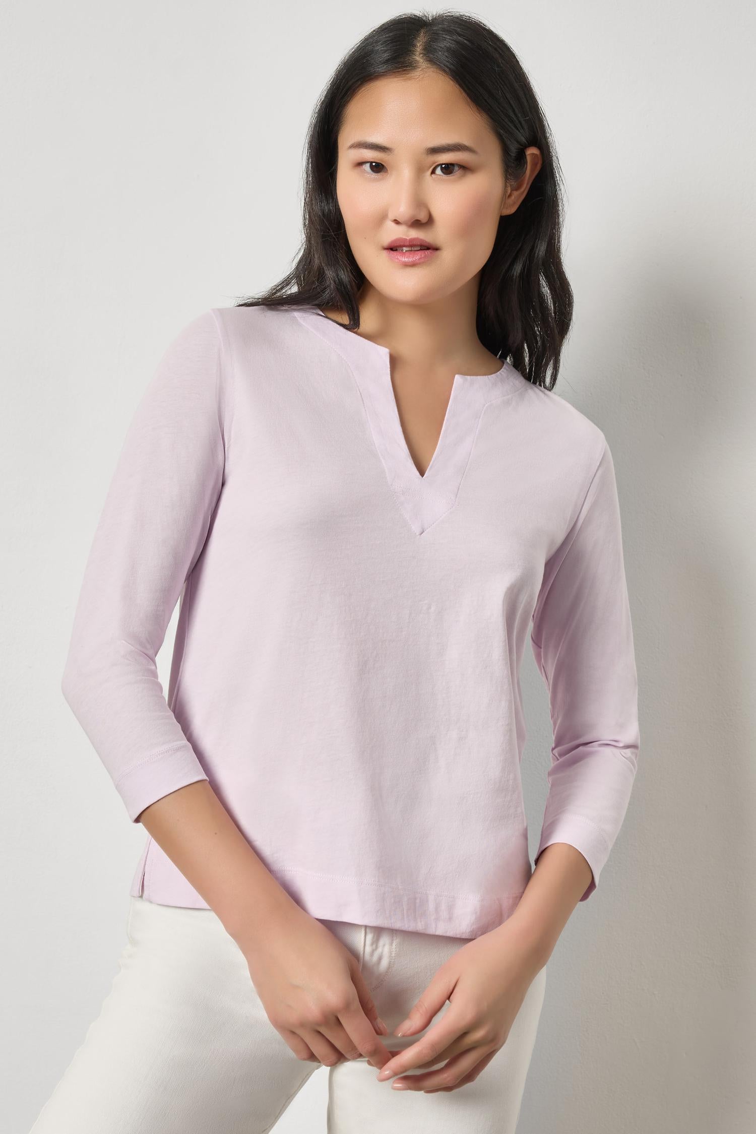 Side Slit Split Neck Top Womens Top Lavender A1