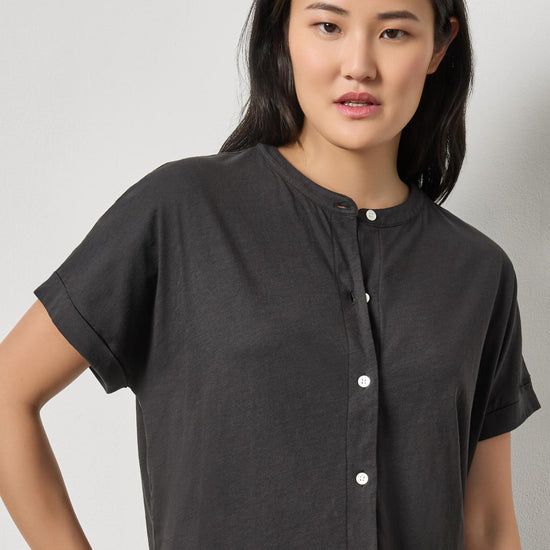 Cuffed Sleeve Dolman Button Down Womens Top Black A1