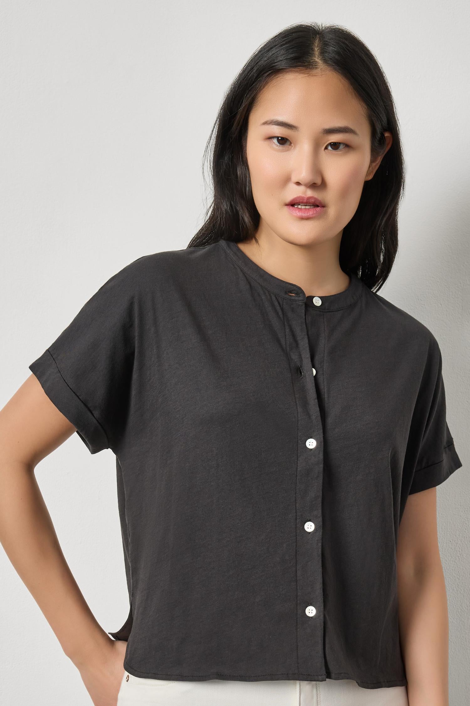 Cuffed Sleeve Dolman Button Down Womens Top Black A1