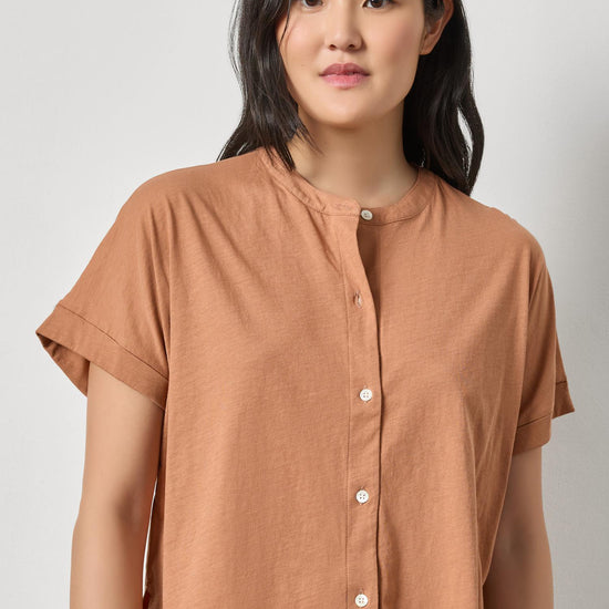 Cuffed Sleeve Dolman Button Down Womens Top Carob A1