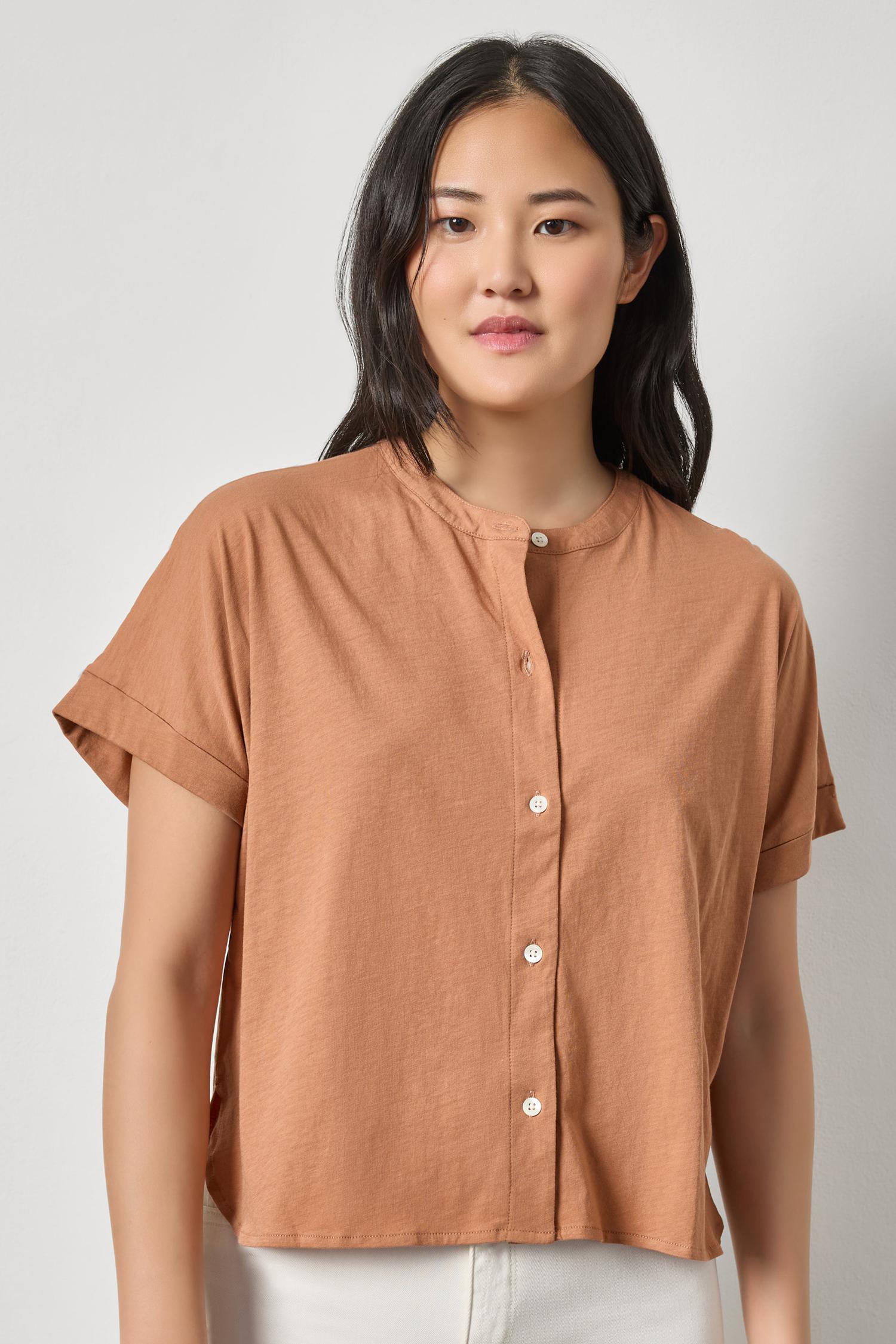 Cuffed Sleeve Dolman Button Down Womens Top Carob A1