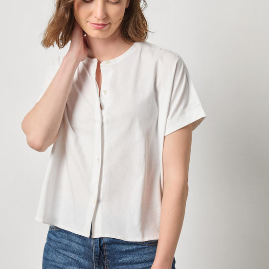 Cuffed Sleeve Dolman Button Down Womens Top White A1