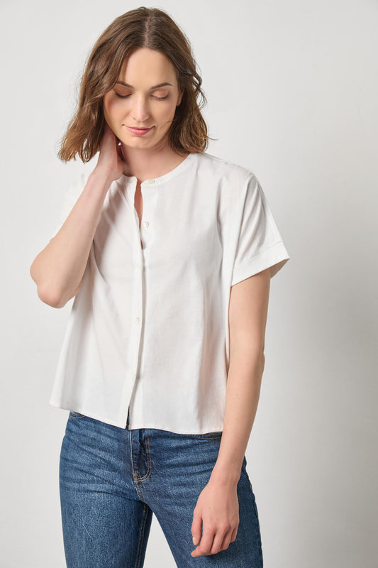 Cuffed Sleeve Dolman Button Down Womens Top White A1