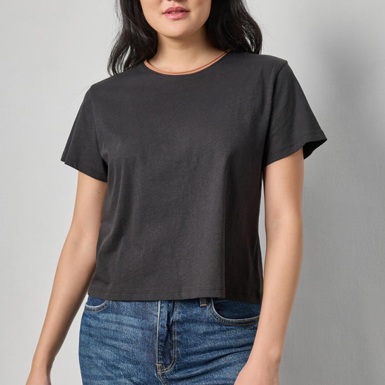 Contrast Roll Relaxed Crew Womens Top Black A1