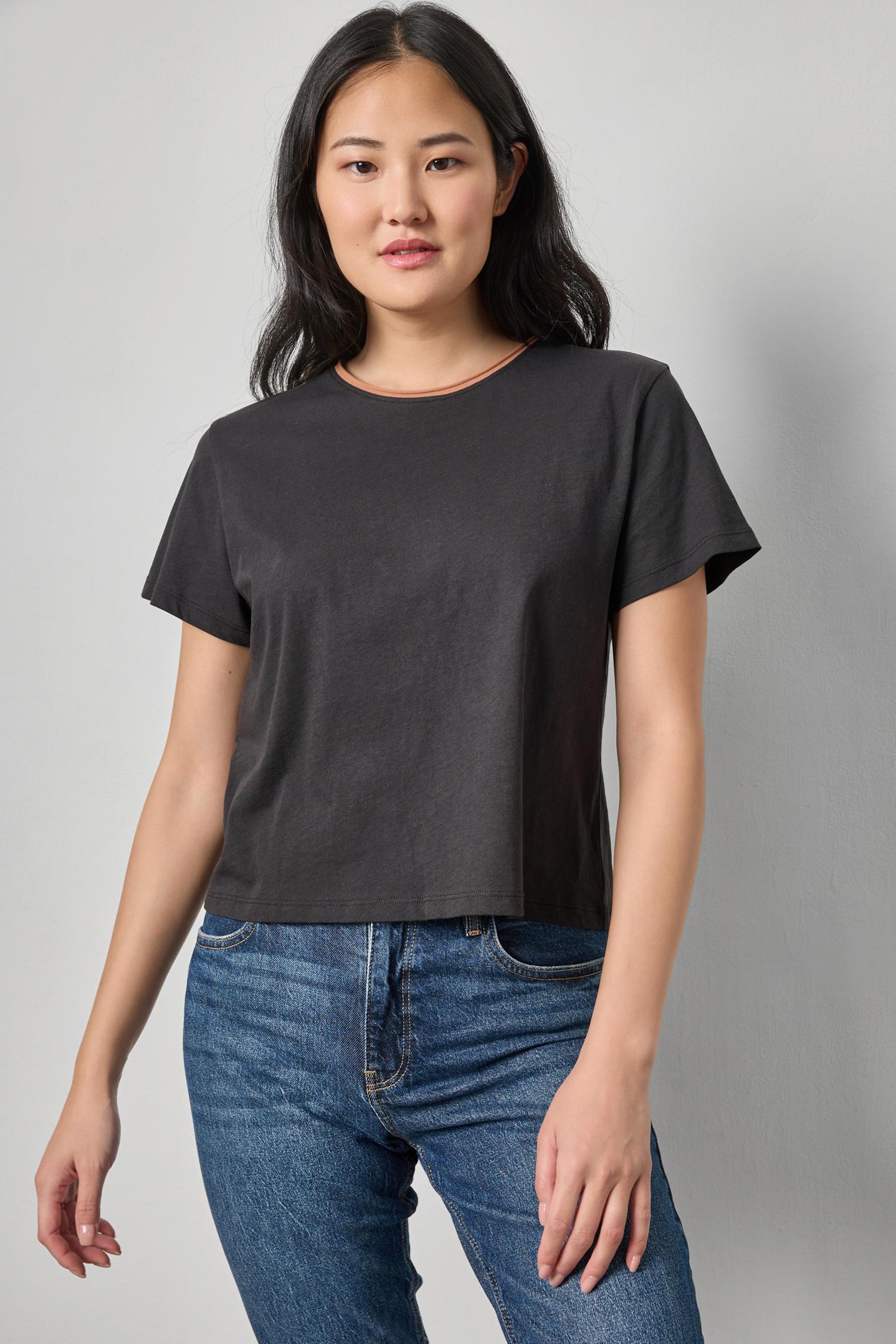 Contrast Roll Relaxed Crew Womens Top Black A1