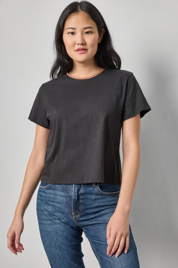 Contrast Roll Relaxed Crew Womens Top Black A1