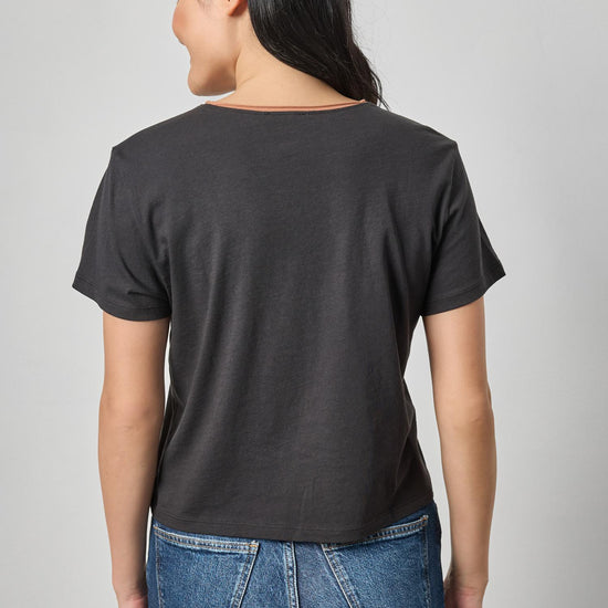 Contrast Roll Relaxed Crew Womens Top Black A2
