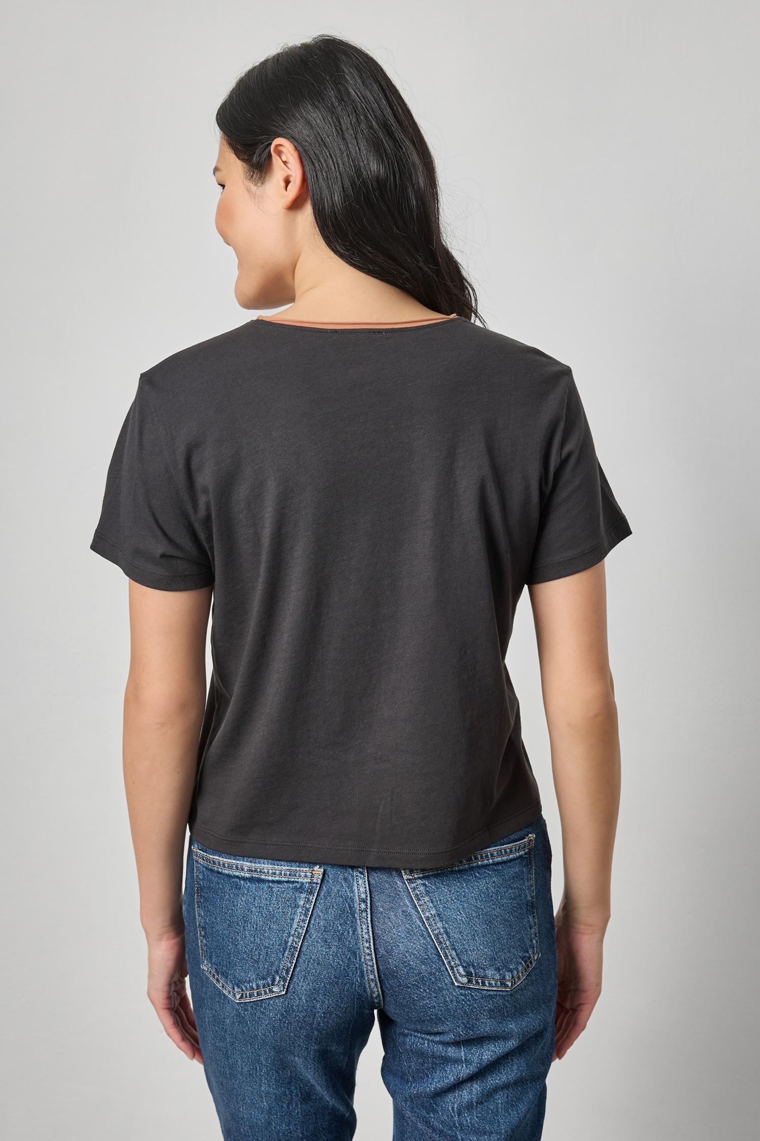 Contrast Roll Relaxed Crew Womens Top Black A2