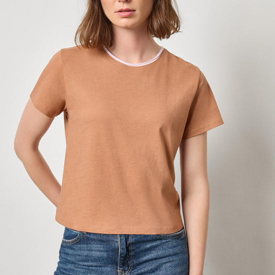 Contrast Roll Relaxed Crew Womens Top Carob A1