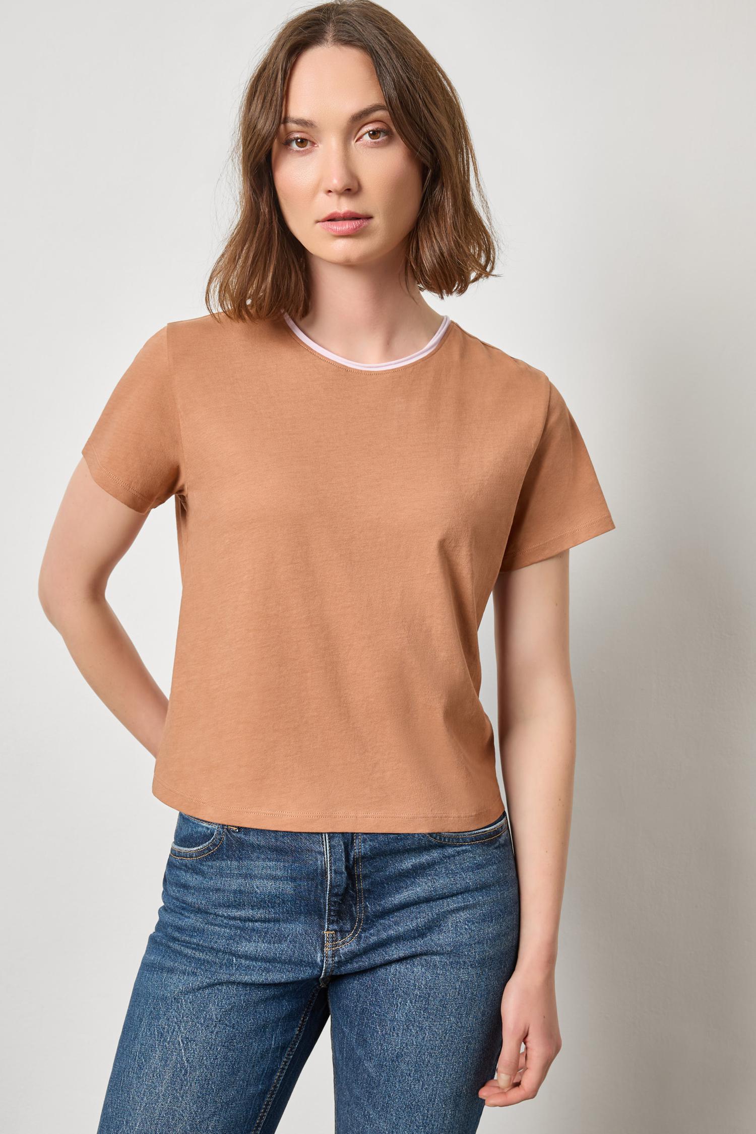 Contrast Roll Relaxed Crew Womens Top Carob A1
