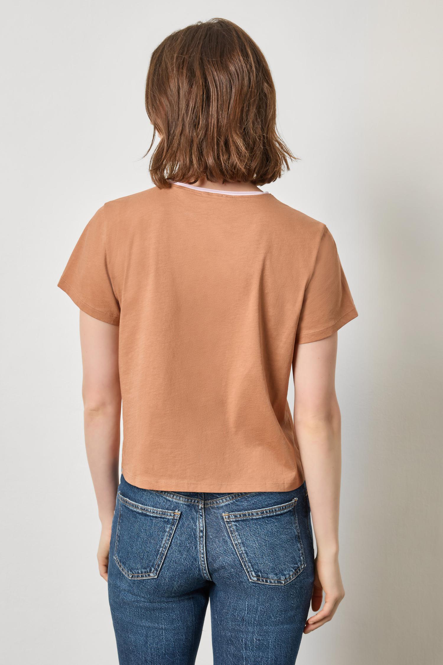 Contrast Roll Relaxed Crew Womens Top Carob A2