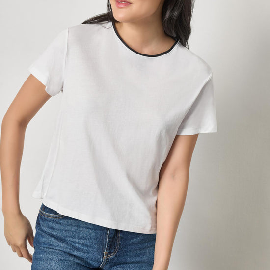 Contrast Roll Relaxed Crew Womens Top White A1