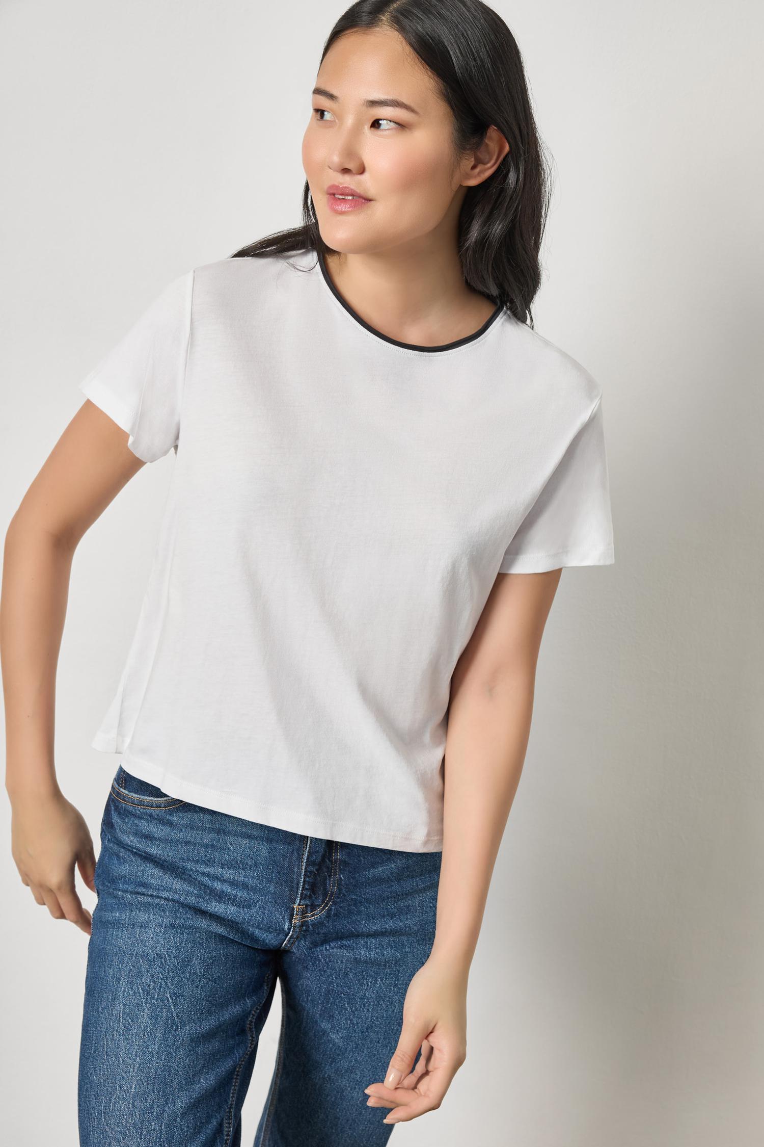 Contrast Roll Relaxed Crew Womens Top White A1