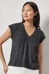 Cuffed Sleeve V-Neck Womens Top Black A1