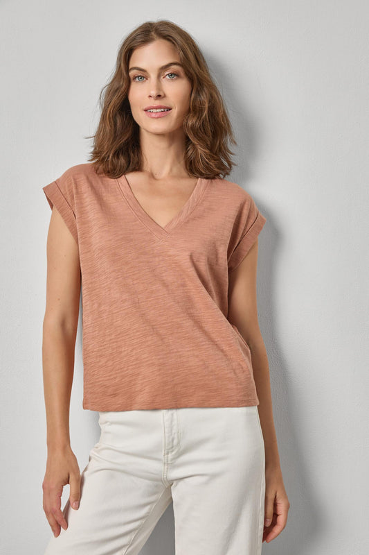 Cuffed Sleeve V-Neck Womens Top Carob A1