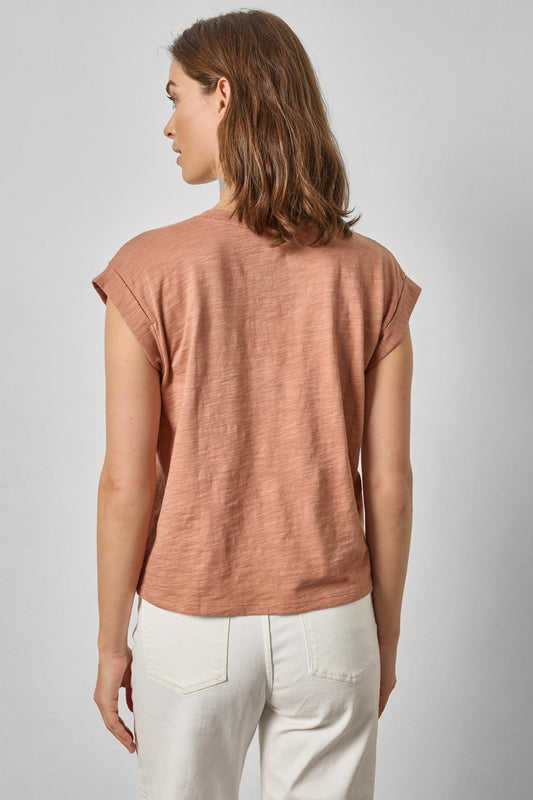 Cuffed Sleeve V-Neck Womens Top Carob A2