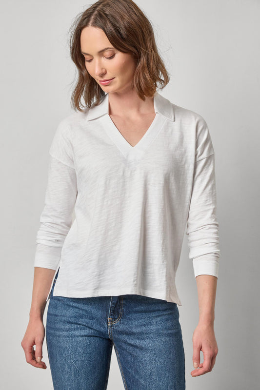 Easy Collared Split Neck Womens Top White A1