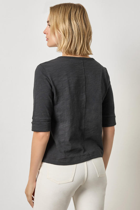 Rib Trim Elbow Split Neck Womens Top Black A2