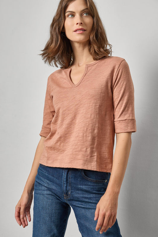 Rib Trim Elbow Split Neck Womens Top Carob A1