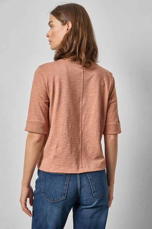 Rib Trim Elbow Split Neck Womens Top Carob A2
