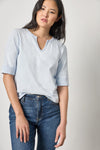 Rib Trim Elbow Split Neck Womens Top Glass A1