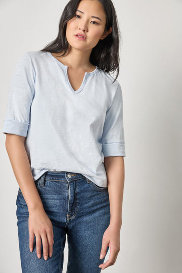 Rib Trim Elbow Split Neck Womens Top Glass A1