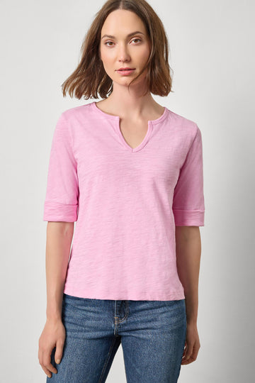 Rib Trim Elbow Split Neck Womens Top Taffy A1