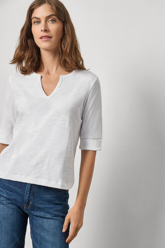 Rib Trim Elbow Split Neck Womens Top White A1