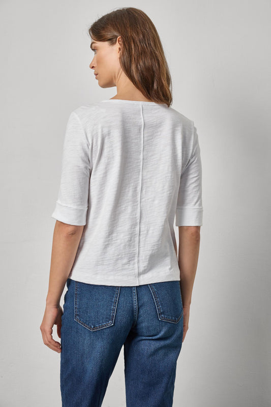 Rib Trim Elbow Split Neck Womens Top White A2