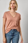 Short Sleeve Back Seam V-Neck Womens Top Carob A1