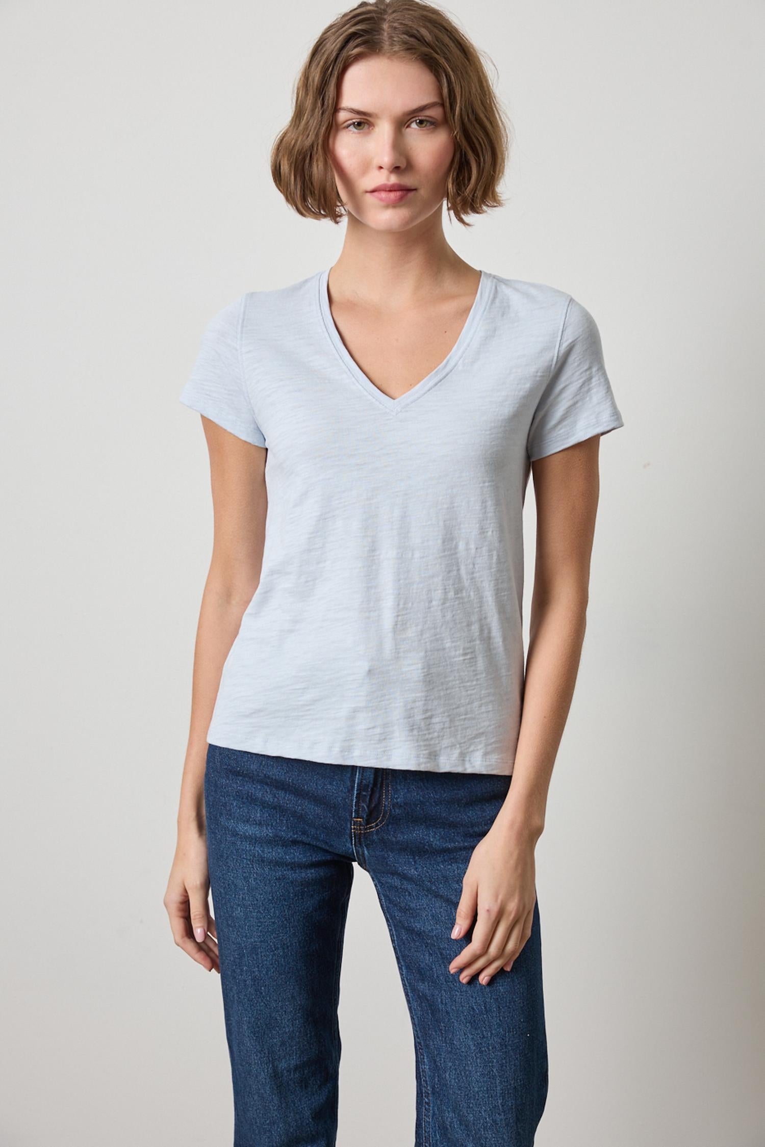 Short Sleeve Back Seam V-Neck Womens Top Glacier A1