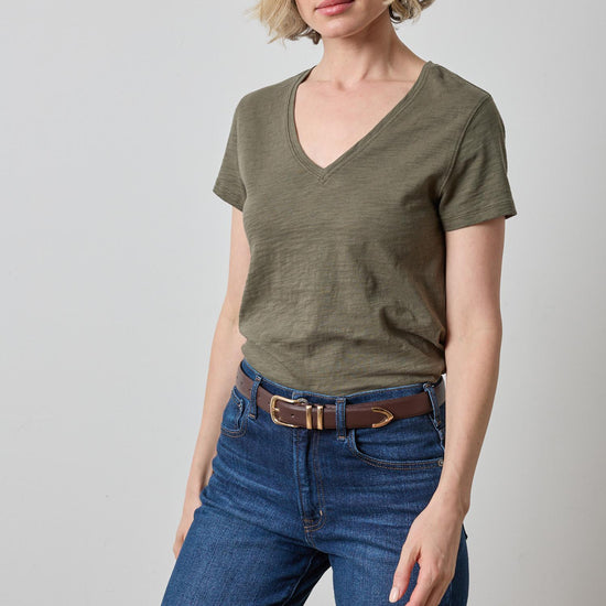 Short Sleeve Back Seam V-Neck Womens Top Olive A1