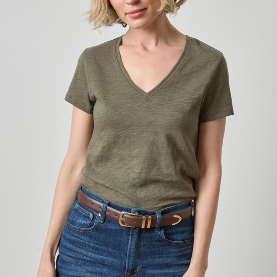 Short Sleeve Back Seam V-Neck Womens Top Olive A1
