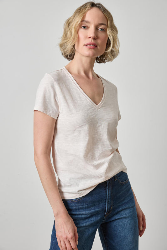 Short Sleeve Back Seam V-Neck Womens Top Tearose A1