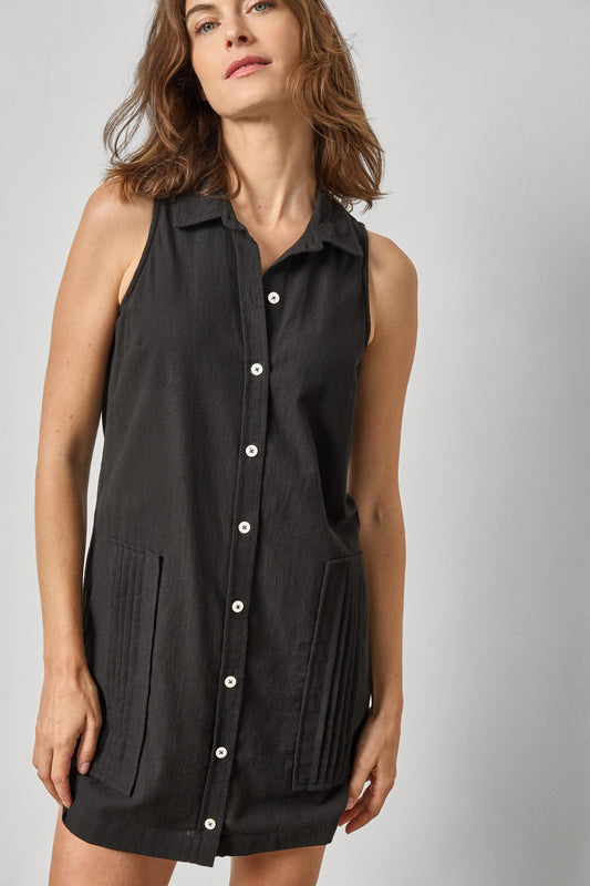 Sleeveless Pleat Pocket Dress Womens Dress Black A1